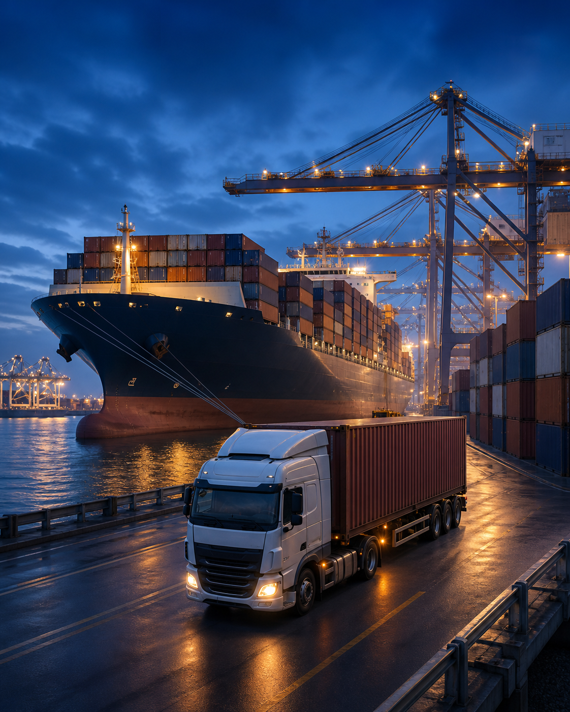 Container ship and cargo truck at a modern seaport
